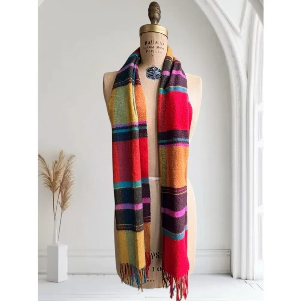 Bright Plaid Fringe Scarf Multicolor Tartan 15”x64”